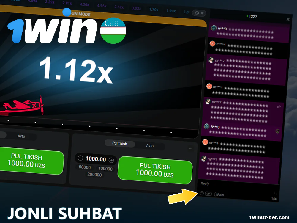 1Win O'zbekistondagi Aviator o'yinining garovlar paneli.