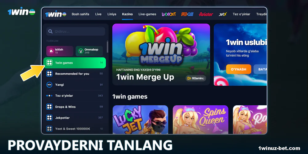 1Win O'zbekistonda kategoriyani yoki provayderni tanlang.