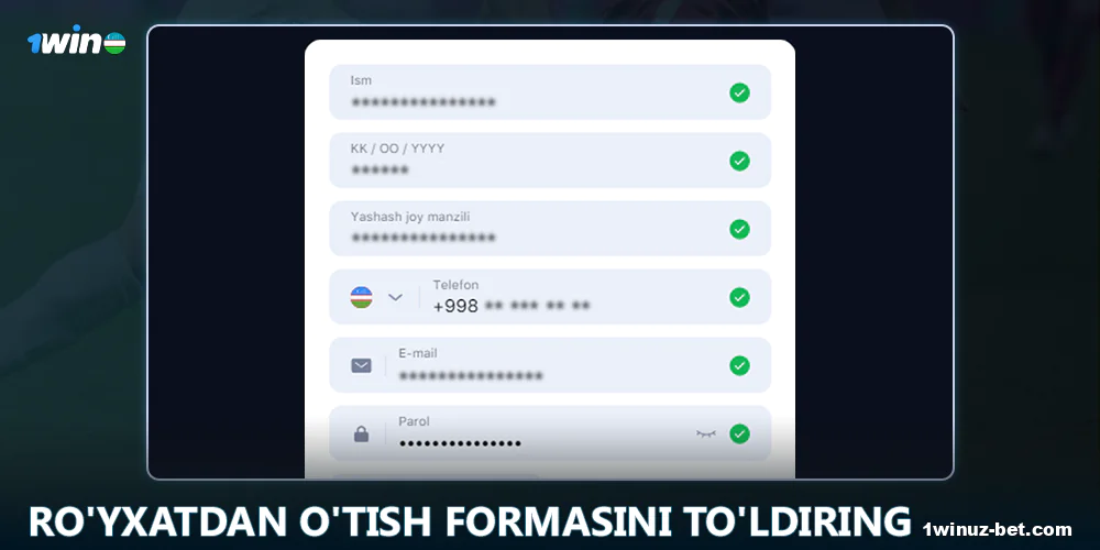 1Win O'zbekiston saytida ro'yxatdan o'tish shaklini to'ldiring.
